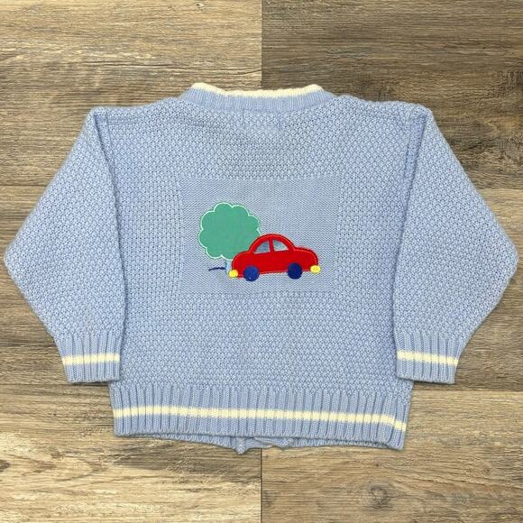 Vintage 80s 90s Chemise Lacoste Car Tree Blue White Babies 18M Cardigan Sweater - Picture 2 of 10